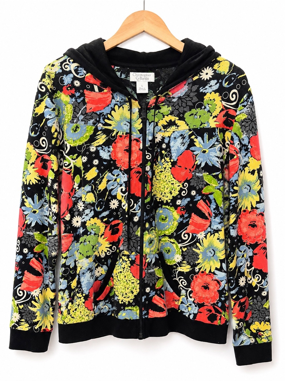 Christopher & Banks Black Floral Zip Hoodie with Red, Yellow & Blue Accents